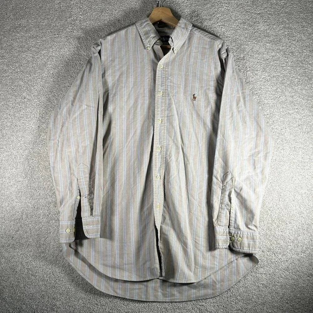 Men's vintage Polo Ralph Lauren tan and blue striped long sleeve button up L